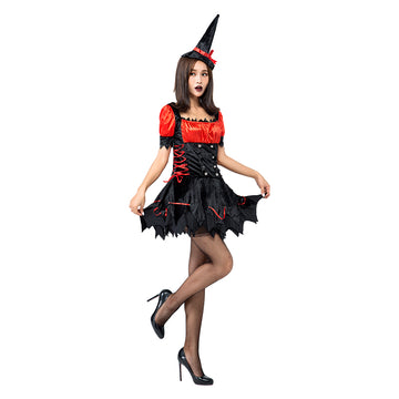 Halloween Disfraz de Bruja Cosplay Vestido Sexy de Color Negro y Rojo para Adultos Femenino